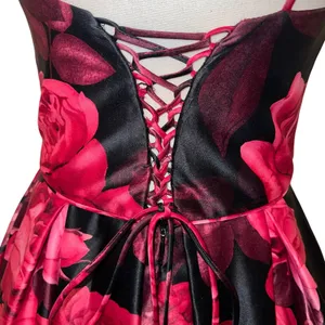 Betsy & Adam Floral Rose Satin Gown Black Red Lace Up A-Line Prom Formal Size 8 thumbnail 7