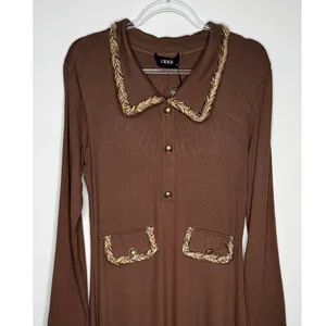Cider 2020s Brown Ribbed Midi Dress Gold Trim Stretch NWT Large thumbnail 8