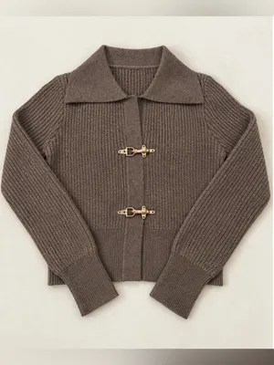 Commense Brown Ribbed Gold Clasp Collared Sweater M NWOT thumbnail 3