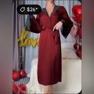 Satin Robe with Lace Trim Red Size M thumbnail 13
