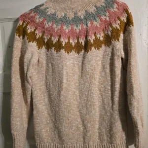 L.L. Bean Cream Fair Isle Cowlneck Sweater with Pink, Brown & Blue Yoke thumbnail 2