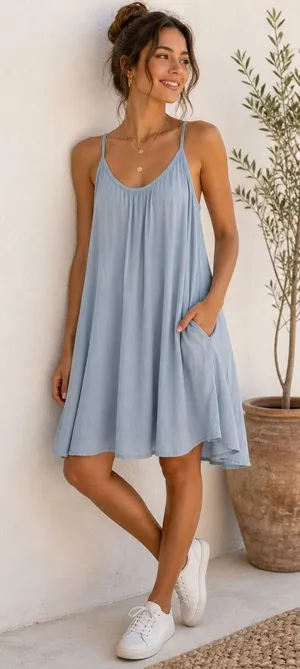Wishlist Blue Gauze Swing Dress L Strappy Low Back Pockets Flowy thumbnail 1