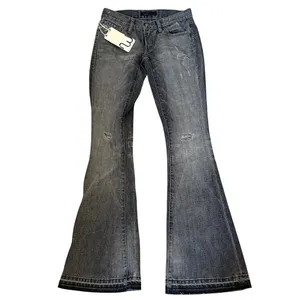 Work Custom Jeans Womens 24 Faded Black Low Rise Distressed Flare Wide Leg Denim thumbnail 2