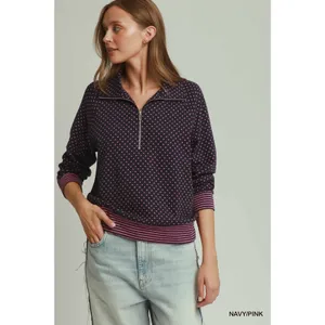 Umgee Polka Dot Half Zip Sweatshirt - Navy/Pink - Medium thumbnail 5