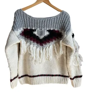 Current Elliott Rosemary Fringed Intarsia Hand Knit Sweater Size Small Wool thumbnail 1