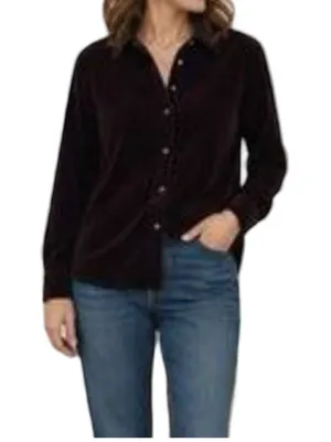 LL Bean Top Womens Size L Black Velvet Long Sleeve Button Up Collar Cotton Vntge thumbnail 1