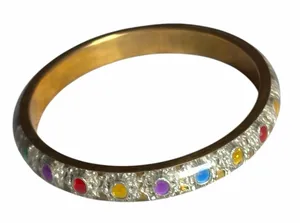 Vintage 1950s Lucite Confetti Bangle Bracelet Multicolor Rhinestone Brass Cuff thumbnail 1