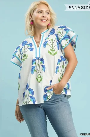 New! Umgee Plus Cotton Cream Floral Popover Top with Blue Accents Size 2X thumbnail 1