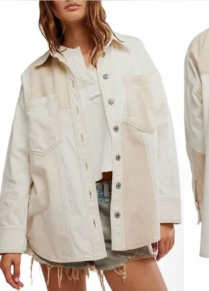 NEW FREE PEOPLE Ivory Mountain Roads Denim Button-Up ivory combo Shirt jacket L thumbnail 1