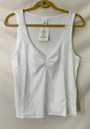 H&M White Ribbed Ruched Tank Top Organic Cotton US XL thumbnail 1