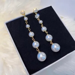 Women's Multilayer White Pearl Drop Dangle Earrings Gold thumbnail 1