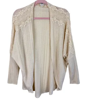 Daytrip Womens Cream Ribbed Knit Crochet Lace Trim Open Front Cardigan Medium thumbnail 1