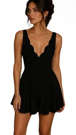 Kimchi Blue Urban Outfitters Black Scalloped Plunge Neck Flowy Romper thumbnail 1