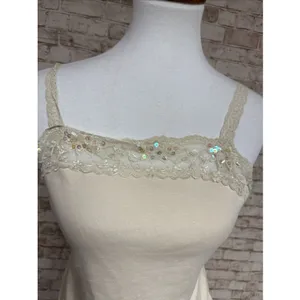 Vtg 90s Y2K Lace Trim Cami Sz‎ L Babydoll Tank Top Ivory Sequins Fairy Coquette thumbnail 2