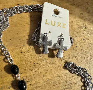 Luxe silver tone, long cross necklace, and earrings thumbnail 2