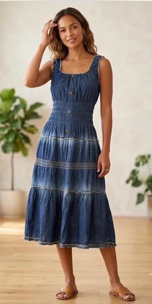 Lapis Blue Tiered Denim-Style Maxi Prairie Milkmaid Vintage Dress Large thumbnail 1