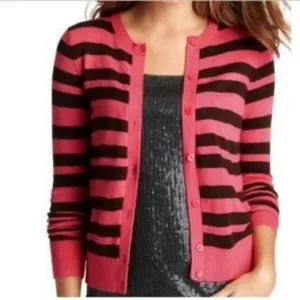Ann Taylor LOFT Womens Sweater Sz XS Striped‎ Crewneck Cardigan Pink Chocolate thumbnail 3
