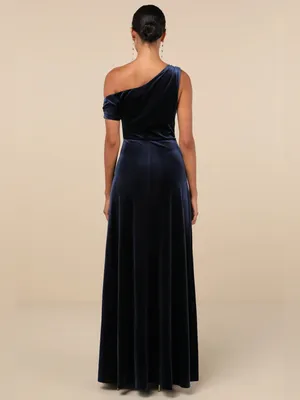Lulus Coveted Confidence Navy Blue Velvet Asymmetrical Maxi Dress Size Large NWT thumbnail 4
