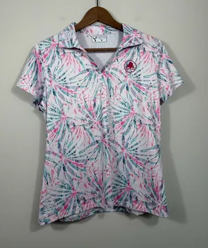 Yatta Golf Women’s M Pink Teal Tropical Palm Print Polo Shirt 19/24 Logo thumbnail 1