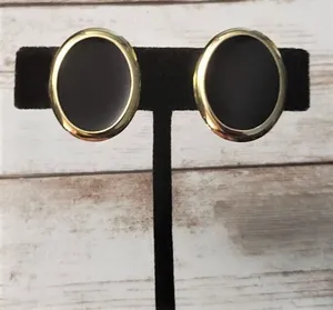 Vintage Clip On Earrings Black Oval with Gold Tone Halo 1" thumbnail 1
