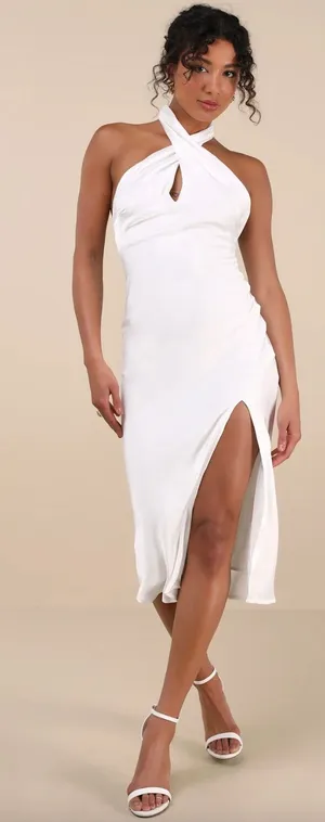 Lulus Beyond Classy White Satin Halter Midi Dress Wedding Bridal Medium NWT thumbnail 1