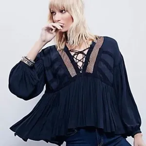 Free People 'Don't Let Go' Peasant Top black Goth fishnet vampire corset size S thumbnail 1