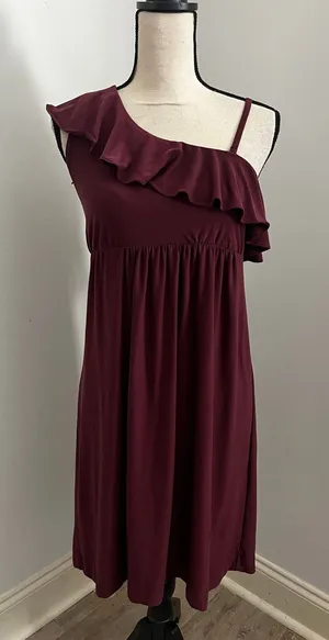 Soma One Shoulder Ruffle Dress sz Medium Purple Wine Soft Romantic Feminine Coquette thumbnail 1