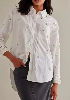 Maeve Embellished White Button-Up Shirt - Elegant Pearl Detail Size S thumbnail 1