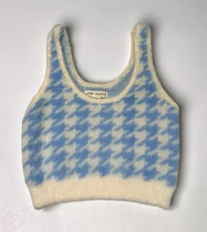 Aeropostale Womens Blue White Houndstooth Fuzzy Knit Cropped Tank Top‎ XS thumbnail 1