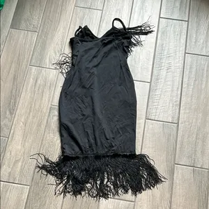 Black Asymmetrical fringe Dress with Spaghetti Straps thumbnail 4