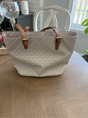 Michael Kors Cream Signature Tote with Brown Trim and Front Pocket thumbnail 3