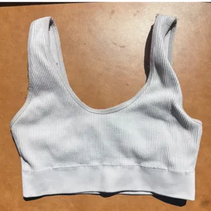 Seamless Ribbed Knit Scoop Neck Sports Bra White Crop Top Activewear thumbnail 1