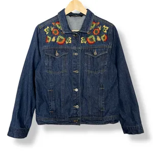 Embroidered Jean Jacket Autumn Colors Dark Wash Denim Women Size‎ Small Fall thumbnail 1