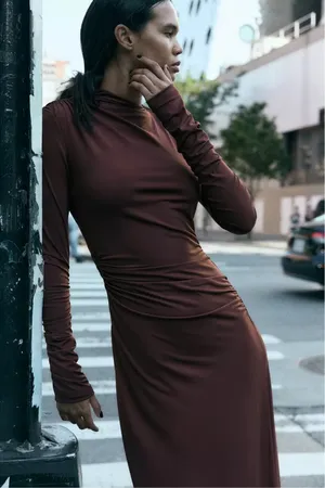 Zara Elegant Burgundy brown wine Maxi Dress stretchy long Sleeve Casual bodycon thumbnail 7