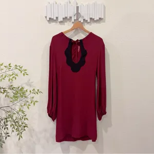 STAUD Wine Red Mini Dress Black Scallop Keyhole Long Sleeve XS thumbnail 2