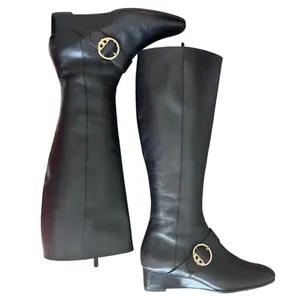 Tory Burch Moto Wrap Wedge Riding Boots Black Leather Gold Logo Size 8 thumbnail 6