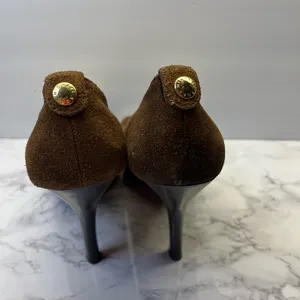 Michael Kors Brown Suede Peep Toe Pumps Heels 8M Gold Insole Wood Heel thumbnail 3
