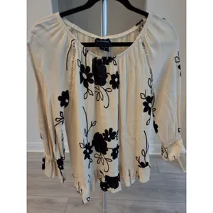 LIV LA Small Cottagecore Embroidered Floral Ruffle Peplum 3/4 Sleeve B/W Top S thumbnail 2