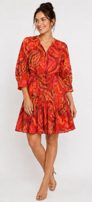 Farm Rio Dress Women's Size Large Red Banana Juice Boho Puff Sleeve Tie Mini thumbnail 1