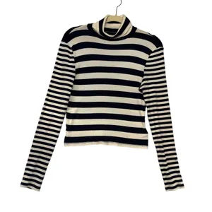 Madewell Women Navy Cream Striped Ribbed Turtleneck Long Sleeve Top Size L‎ thumbnail 2