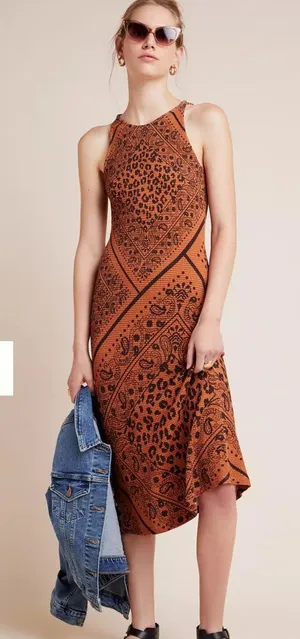 Anthropologie Farm Rio Bodycon Slip Sleeveless Midi Dress Brown Leopard Banana S thumbnail 1
