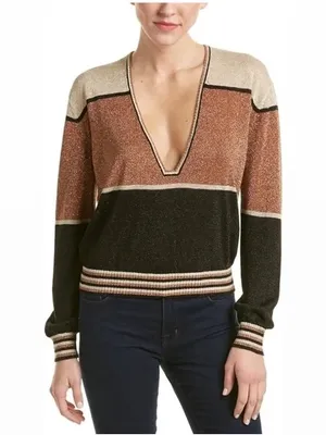 Free People Gold Dust Metallic Deep V Pullover Sweater Colorblock Size Large thumbnail 3