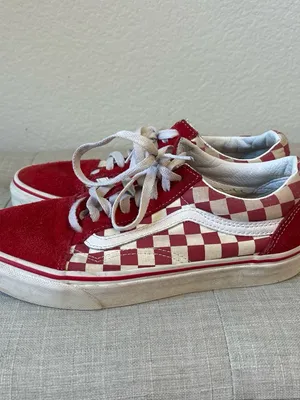 Vans Red and White Checkerboard Old Skool Sneakers suede and canvas 8 thumbnail 4