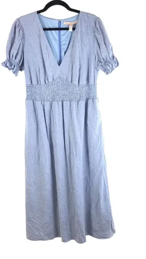 Hutch Womens Midi Dress Smocked Waist Puff Short Sleeve V-Neck Zip Back Blue XXL thumbnail 1