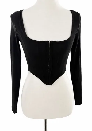Women’s Black Long Sleeve Corset Top Scoop Neck Bustier Fitted XS thumbnail 1