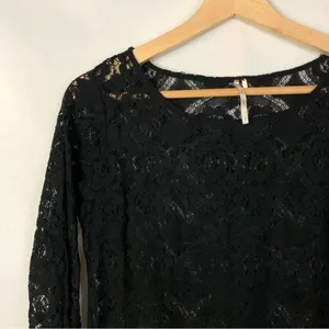Free People Black Sheer Lace Ruffle Hem Mini Dress‎ 4 thumbnail 3