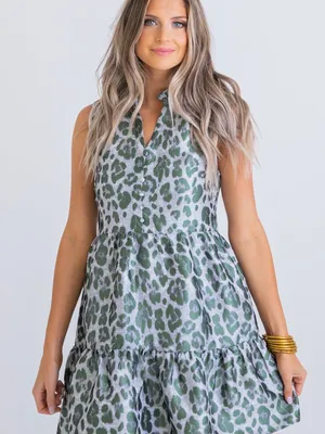 NWOT Karlie Green Leopard Tiered Tapestry Mini Dress Size Medium thumbnail 4