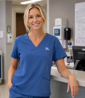 Figs Casma Three Pocket Scrub Top in Color Ceil Blue Monogram M Medical XL thumbnail 1