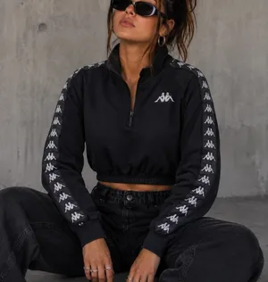 Kappa L Cropped Banda Puria Sweatshirt Black 1/4 Zip Logo Tape Sleeve Sporty thumbnail 1