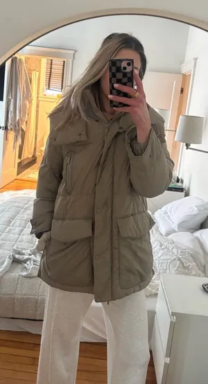 ZARA light brown olive puffer coat size SMALL with hood thumbnail 1